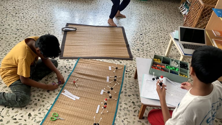 Older children build ball-and-stick models on mats, with labels beside each model.