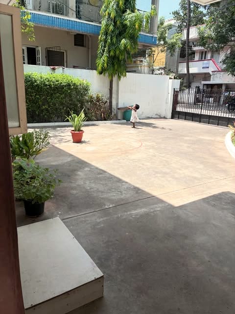 The school courtyard with trees, potted plants and a gate.