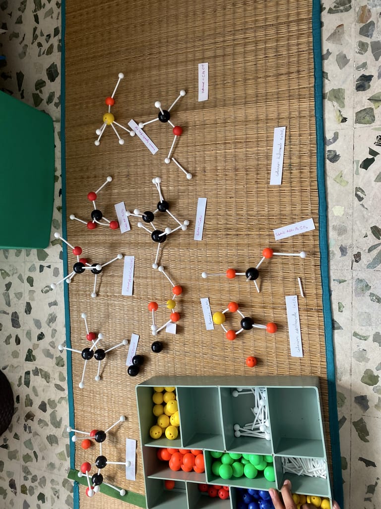 Ball-and-stick molecule models and handwritten labels arranged along a mat.